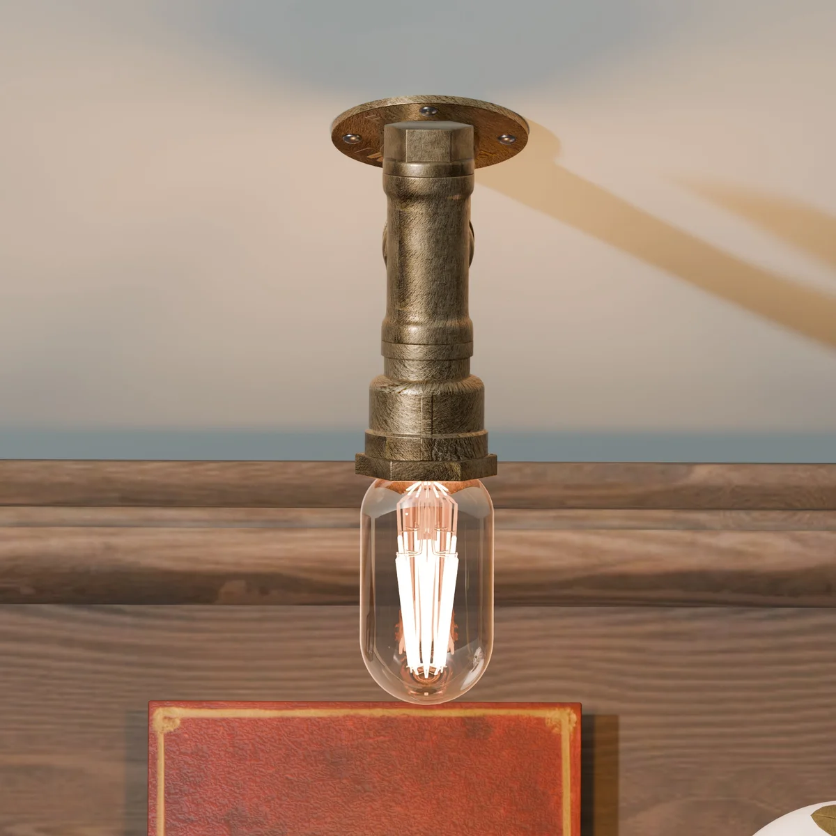 Vintage industrial wall light with black metal steampunk water pipe design, single E27 bulb, wall mounted fixture