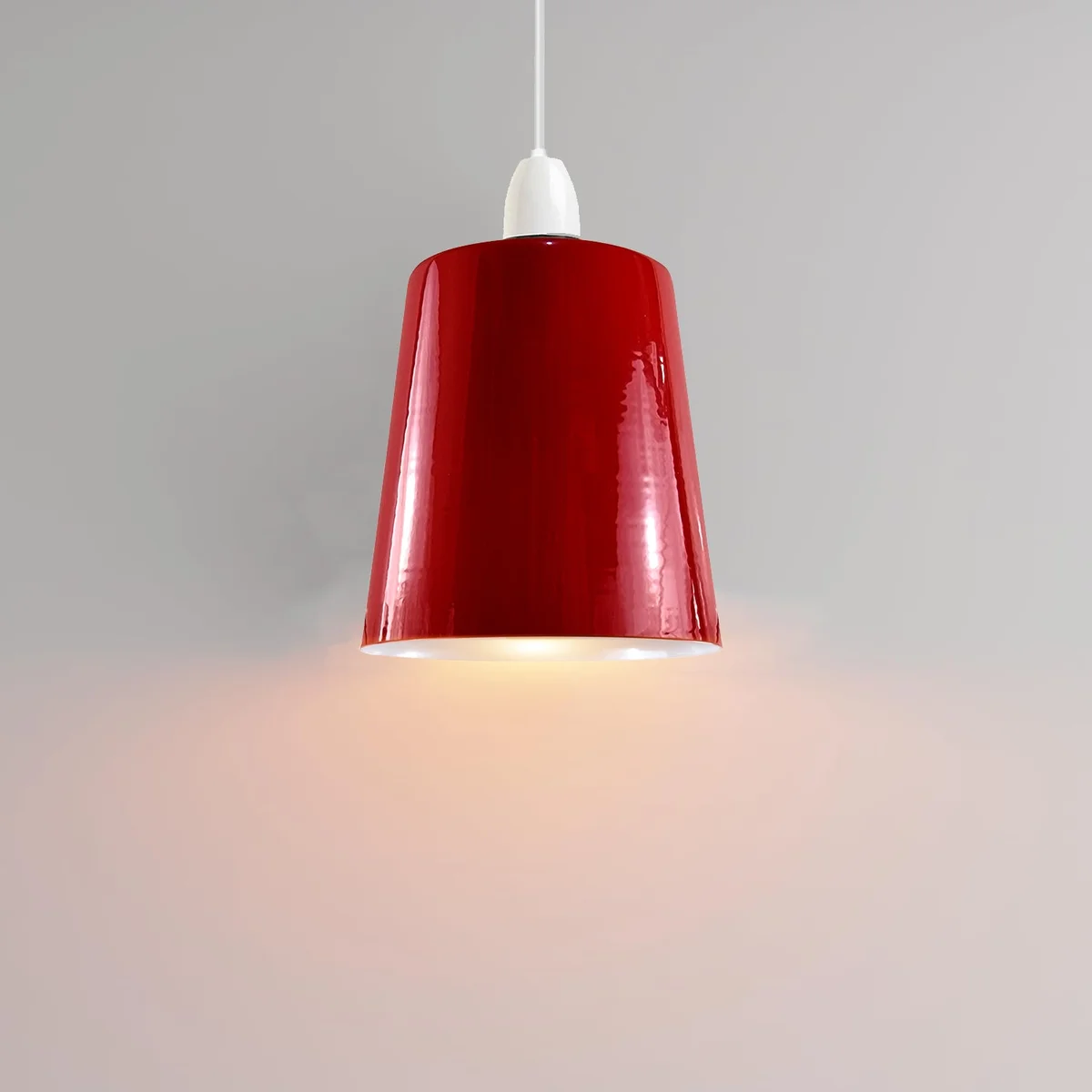 Gloss red vintage industrial pendant lampshade with white interior, metal construction, easy-fit design for ceiling sockets