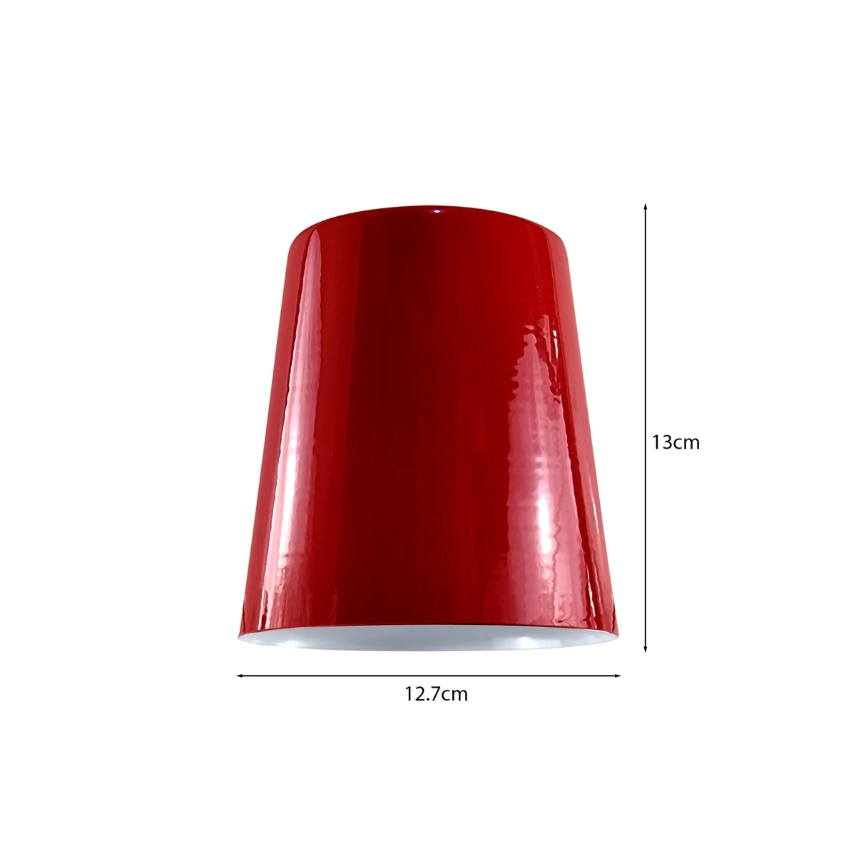 Gloss red vintage industrial metal pendant lampshade with white interior, easy-fit design, shown hanging indoors against neutral background
