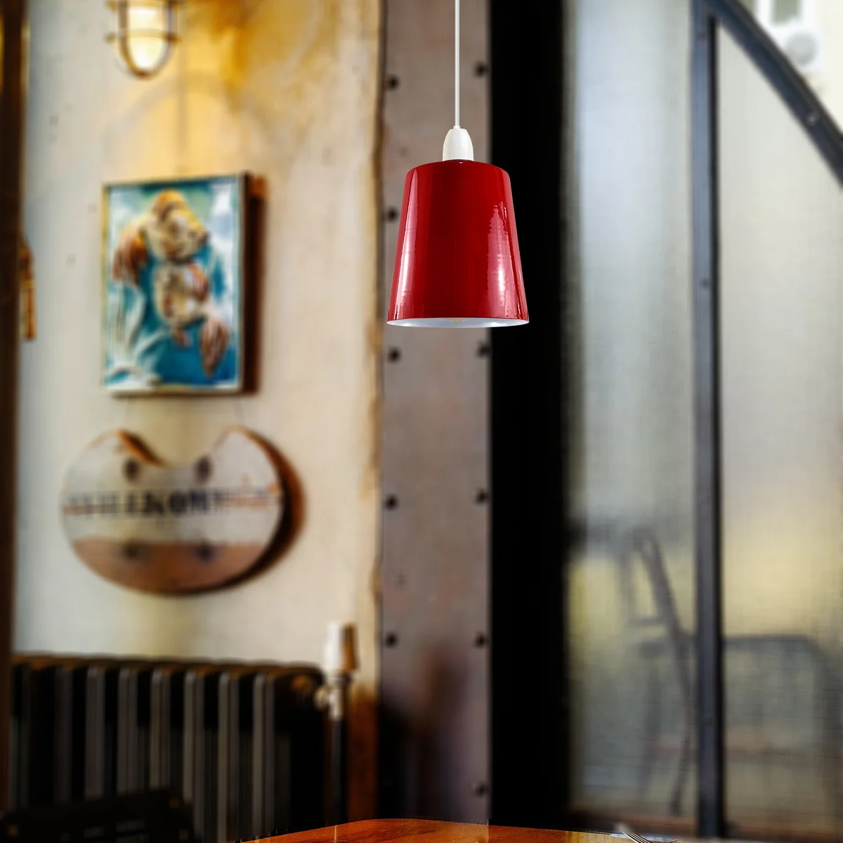 Gloss red ceiling light pendant lampshade with white interior, vintage industrial metal design, easy-fit with reducer plate included