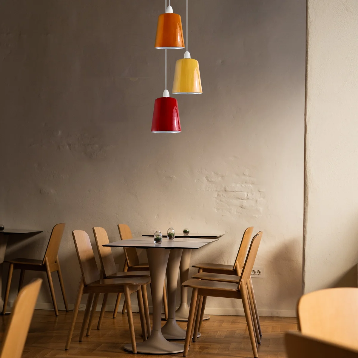 Gloss red vintage industrial metal pendant lampshade with white interior and universal lamp holder fitting reducer plate displayed
