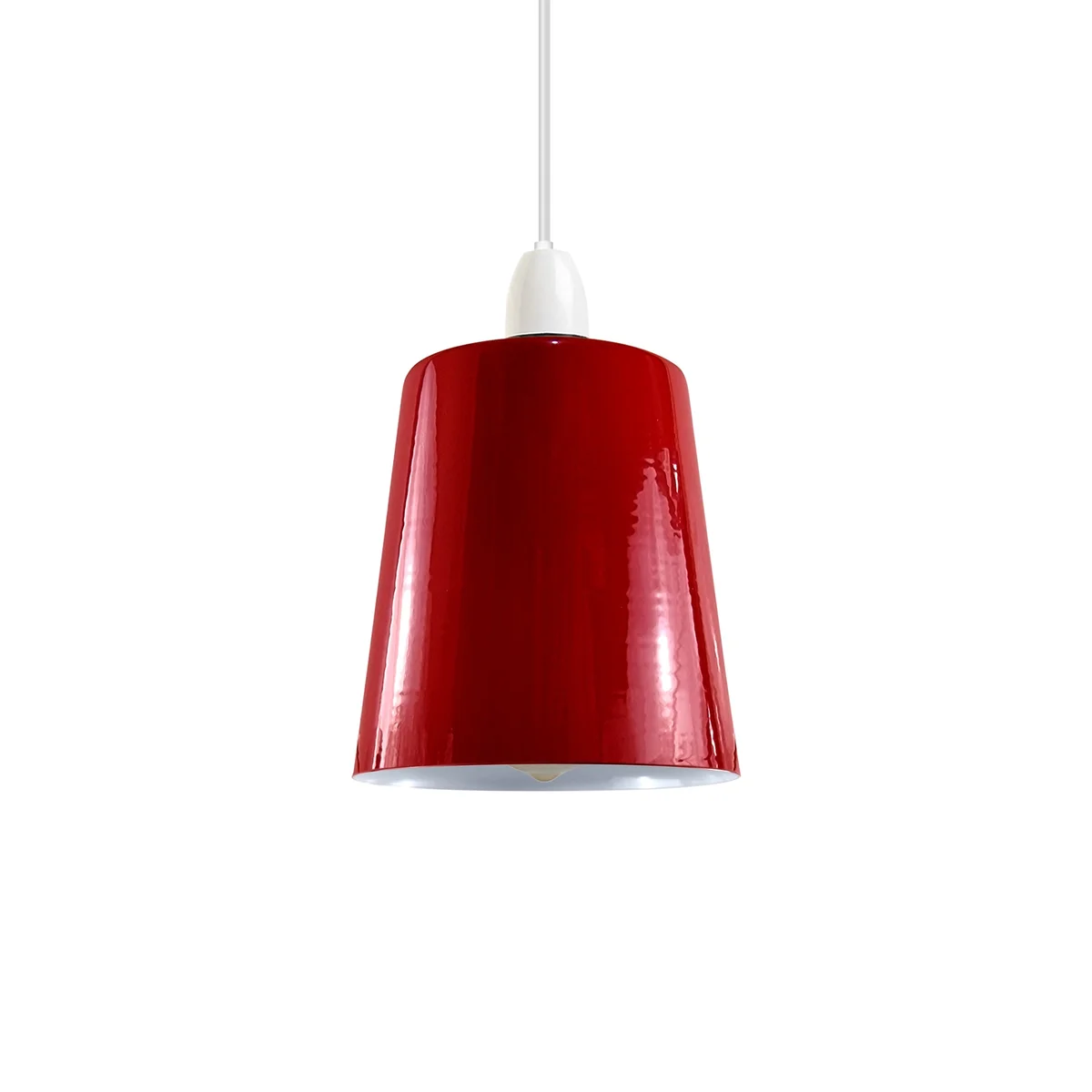 Gloss red vintage industrial metal retro style lampshade with white interior, easy-fit design, shown hanging indoors