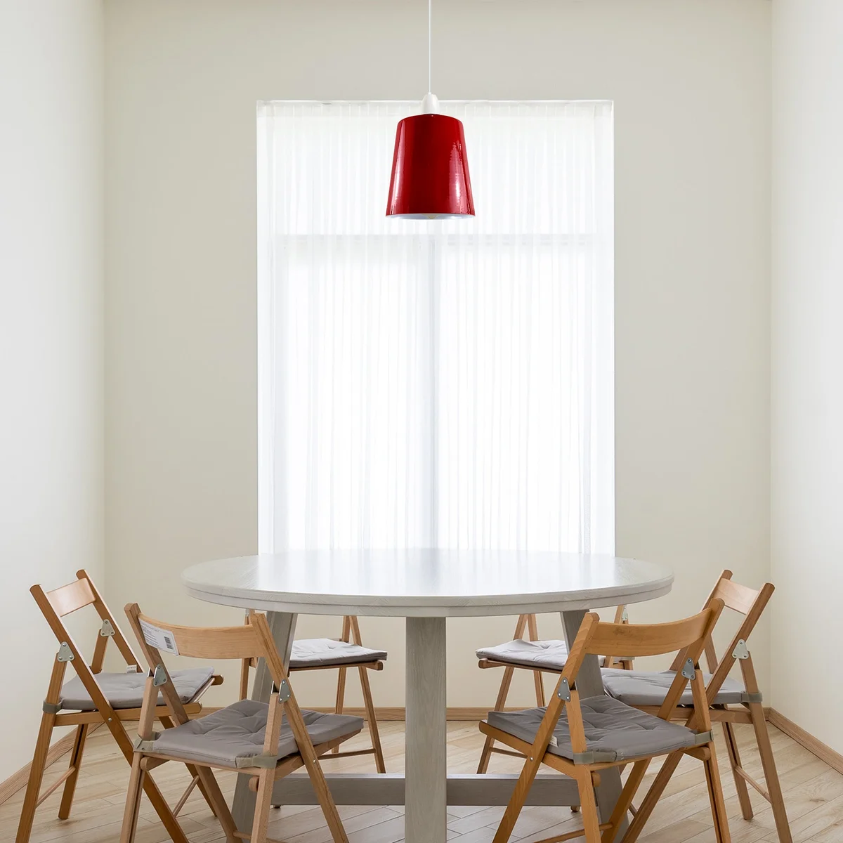 Gloss red vintage industrial pendant lampshade with white interior, metal construction, and easy-fit reducer plate shown hanging indoors