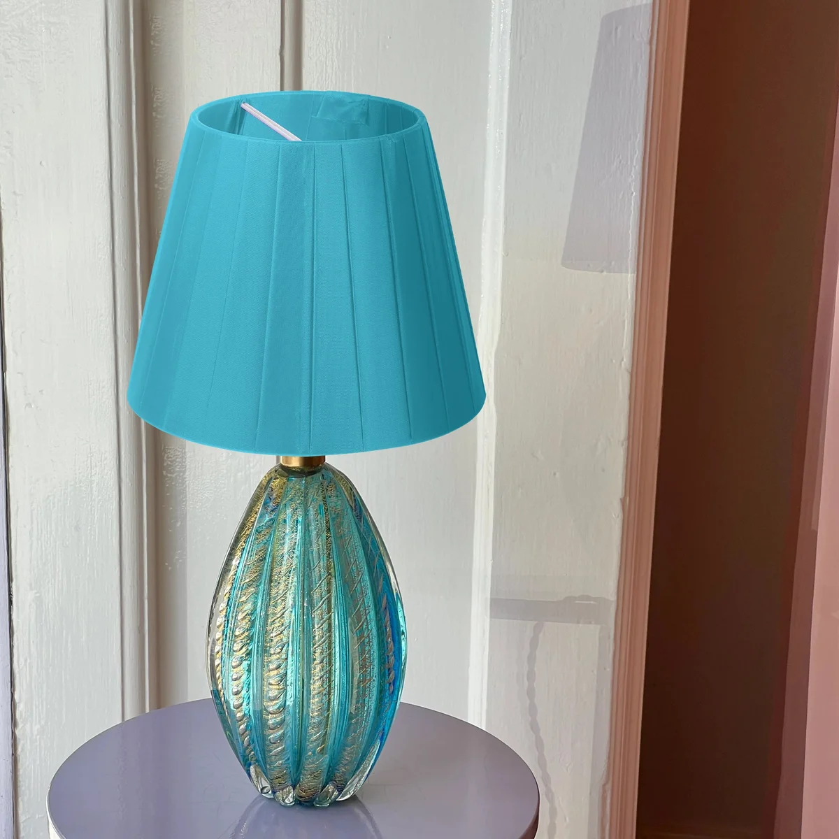 Modern contemporary fabric coolie table lampshade in beige showing easy fit lampshade design and smooth texture