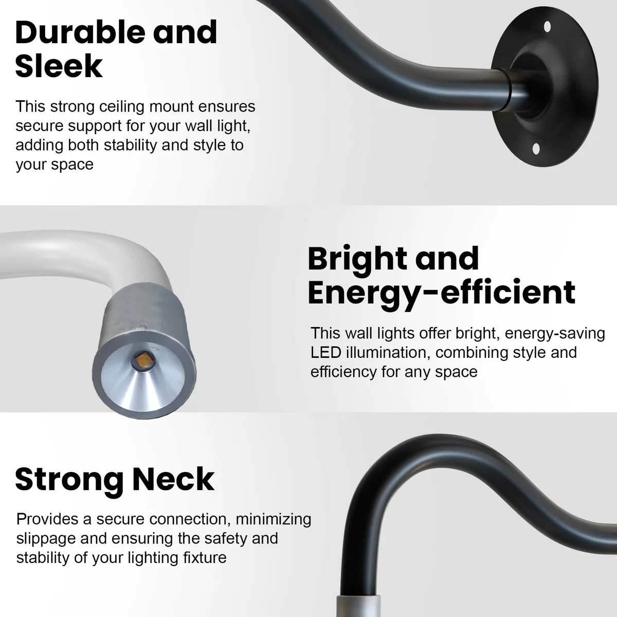 Dimmable metal sconce with flexible gooseneck and cool white LED light mounted on a wall in modern style