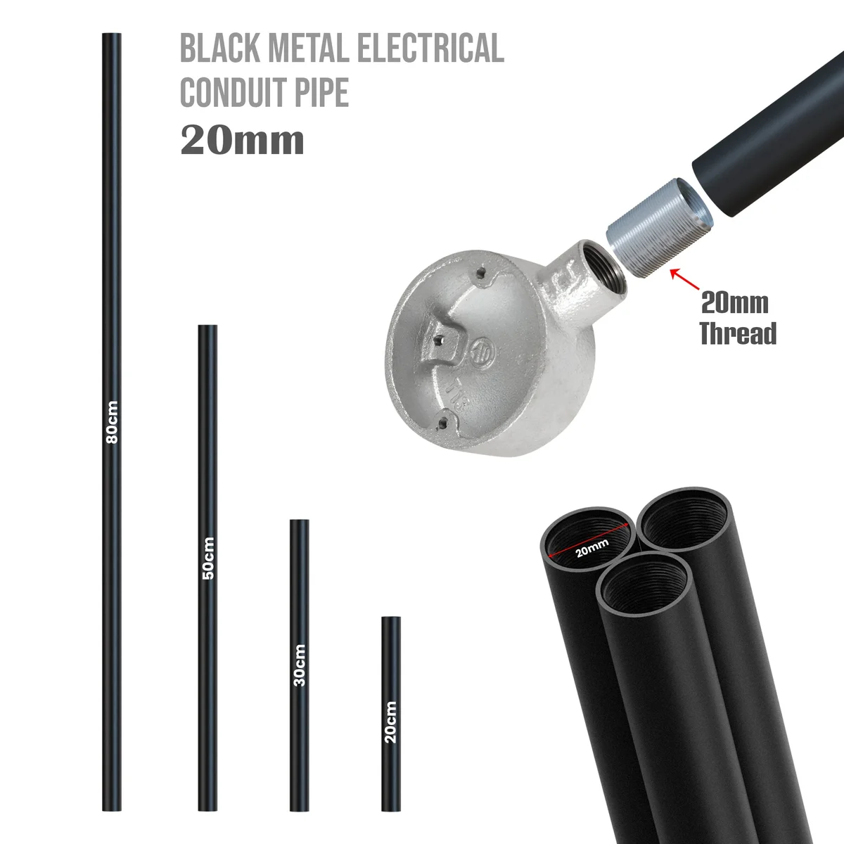 20mm diameter black steel conduit pipe with female screw thread for lighting and décor fittings, retro style metal pipe fitting