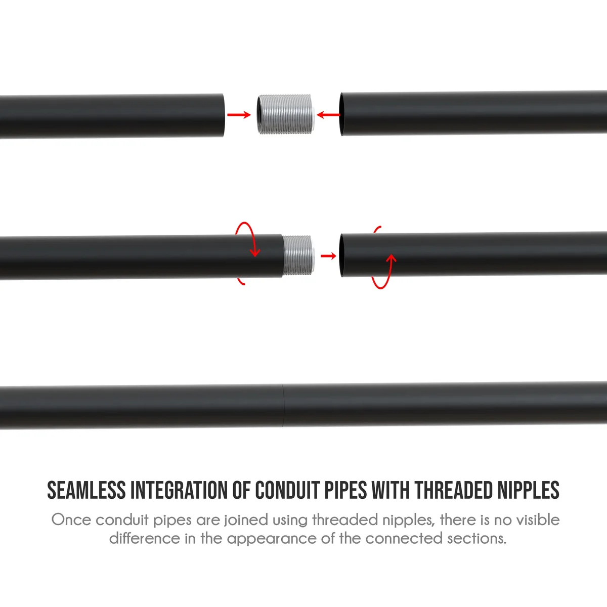 Black 20mm conduit pipe with female screw thread, shown on a white background for lighting or décor use