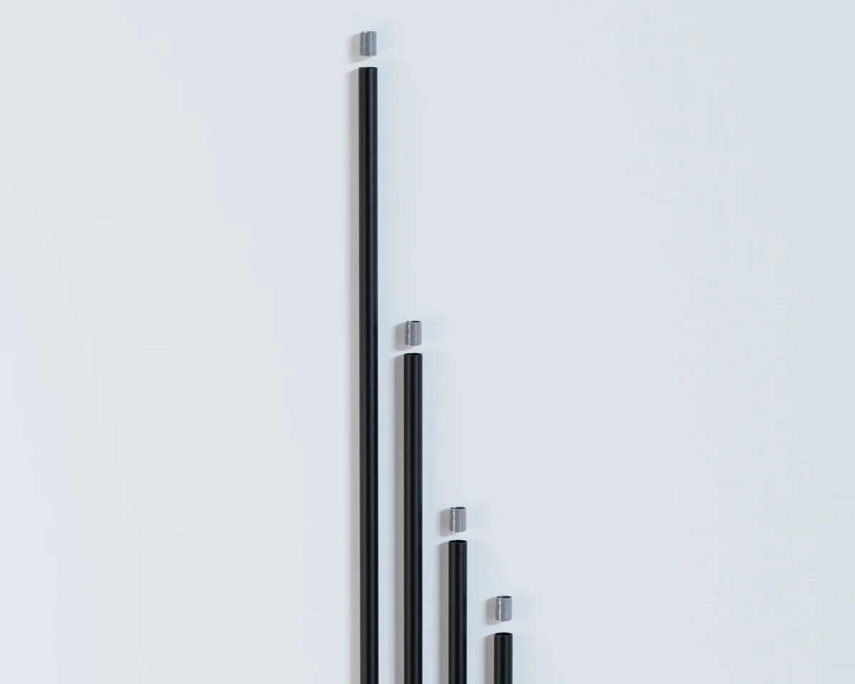 Black 20mm diameter female threaded conduit pipe for lighting and décor, showing metal texture and screw threads close-up