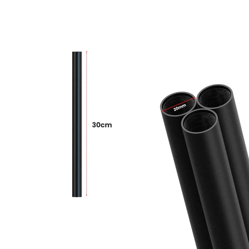 Black 20mm diameter female threaded conduit pipe shown from side angle highlighting deep screw threads and steel finish