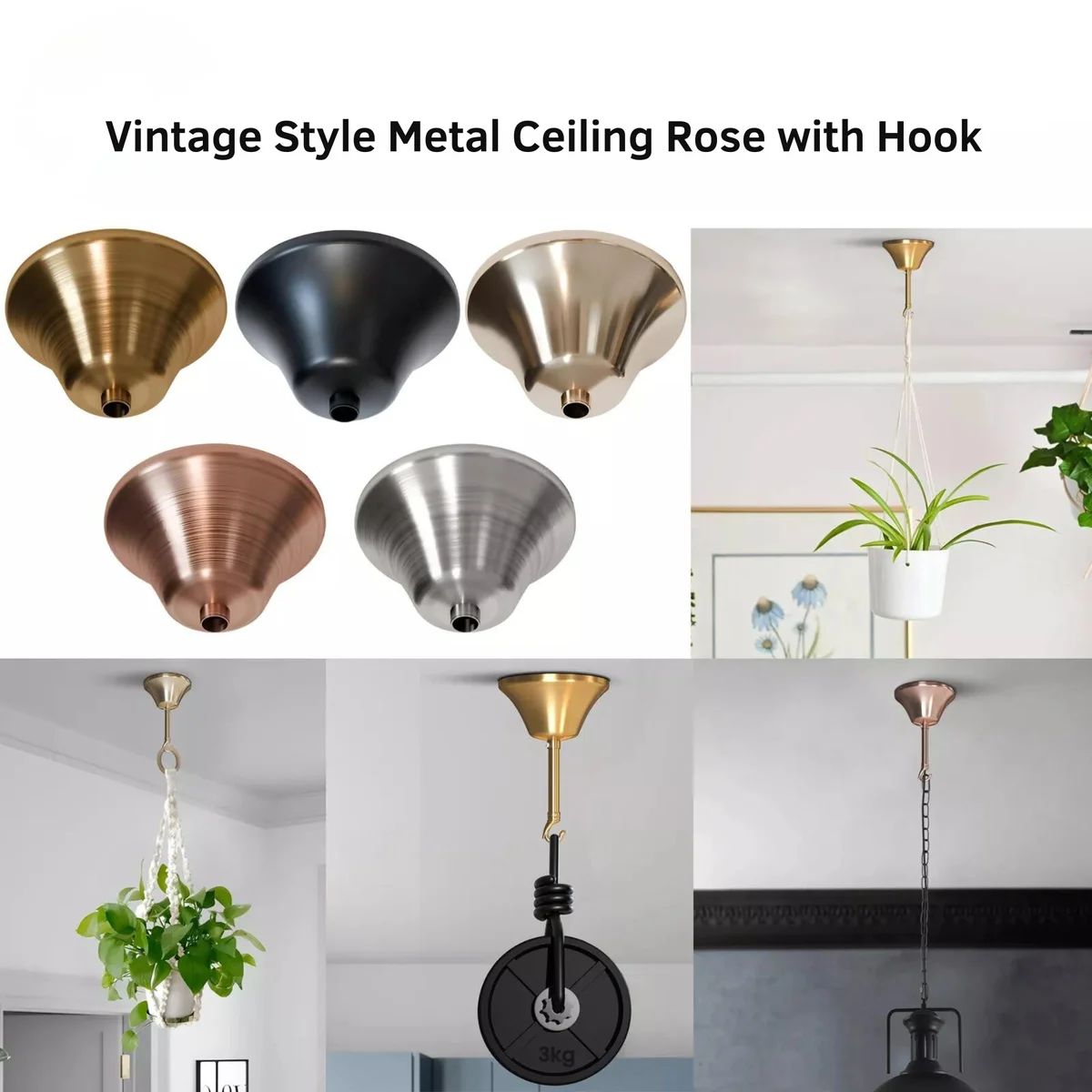 100mm metal ceiling rose for light fitting with sturdy hook and mounting accessories, modern sleek finish