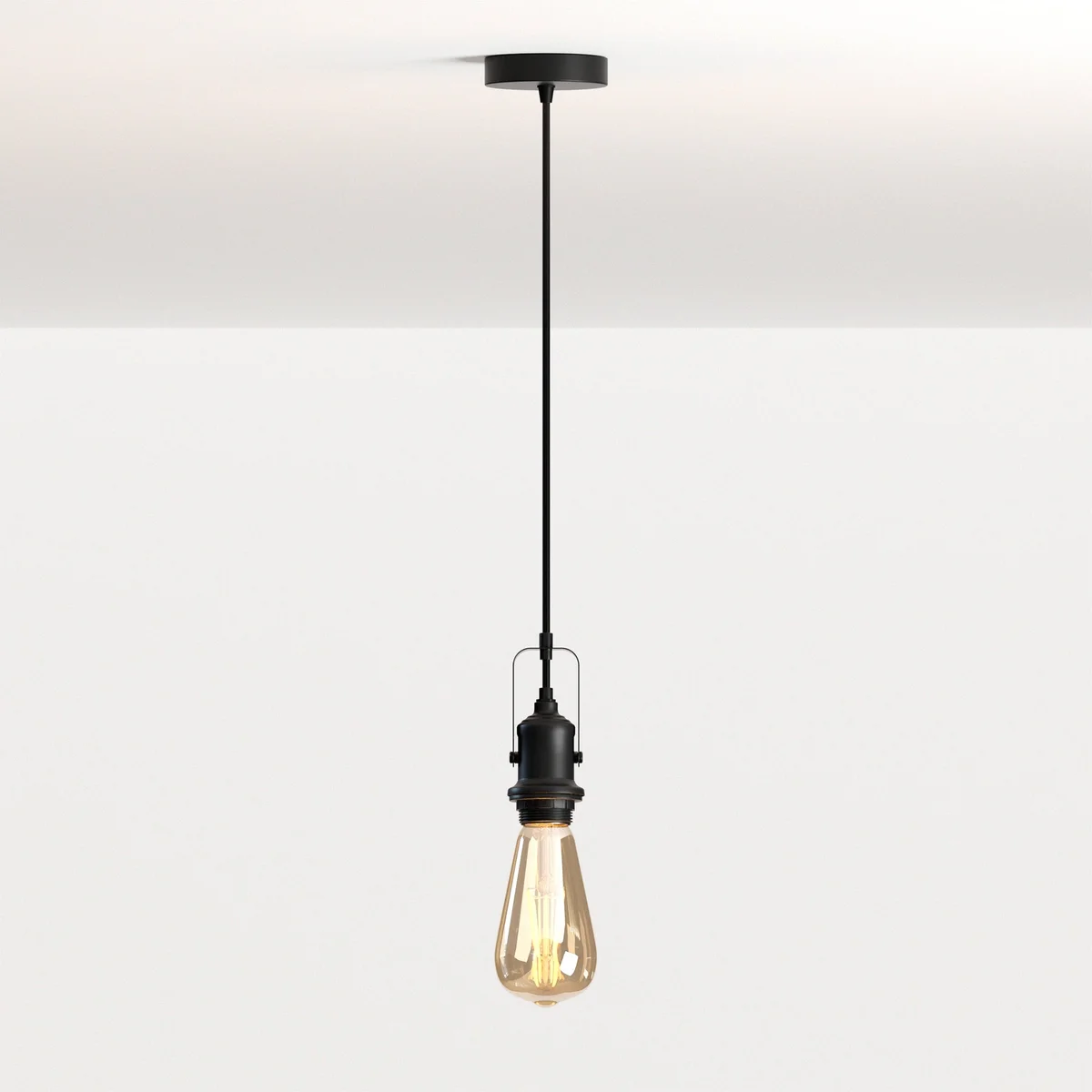 Black E27 pendant light fitting holder with adjustable round cable and metal ceiling rose in black finish