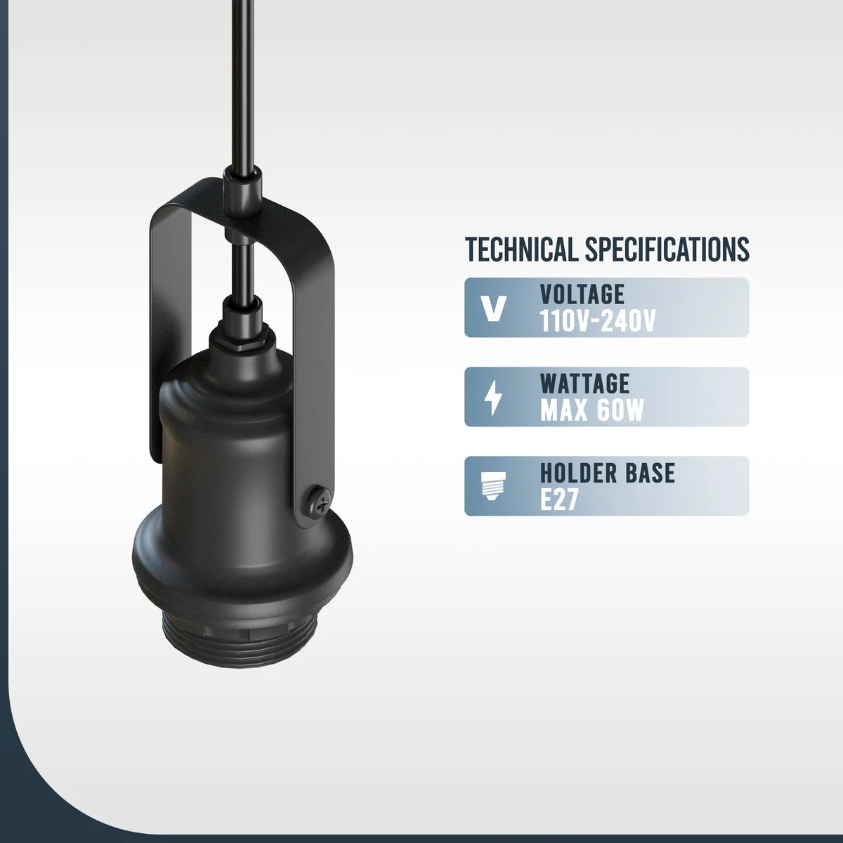 Black retro pendant ceiling light with adjustable round braided cable and metal E27 bulb holder, ceiling mounted design