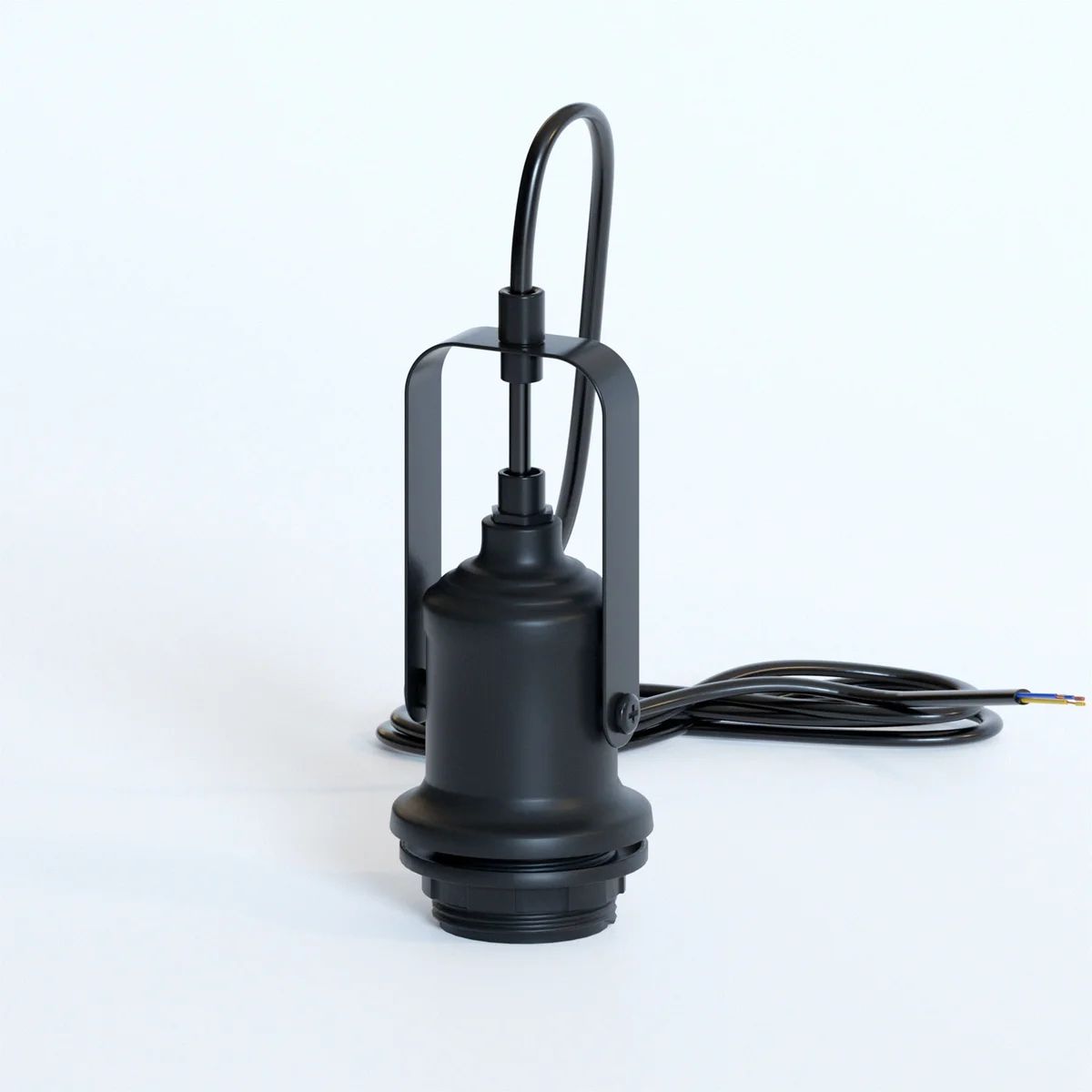 Black metal pendant light holder with adjustable round braided cable and ceiling rose for E27 bulb fitting installation
