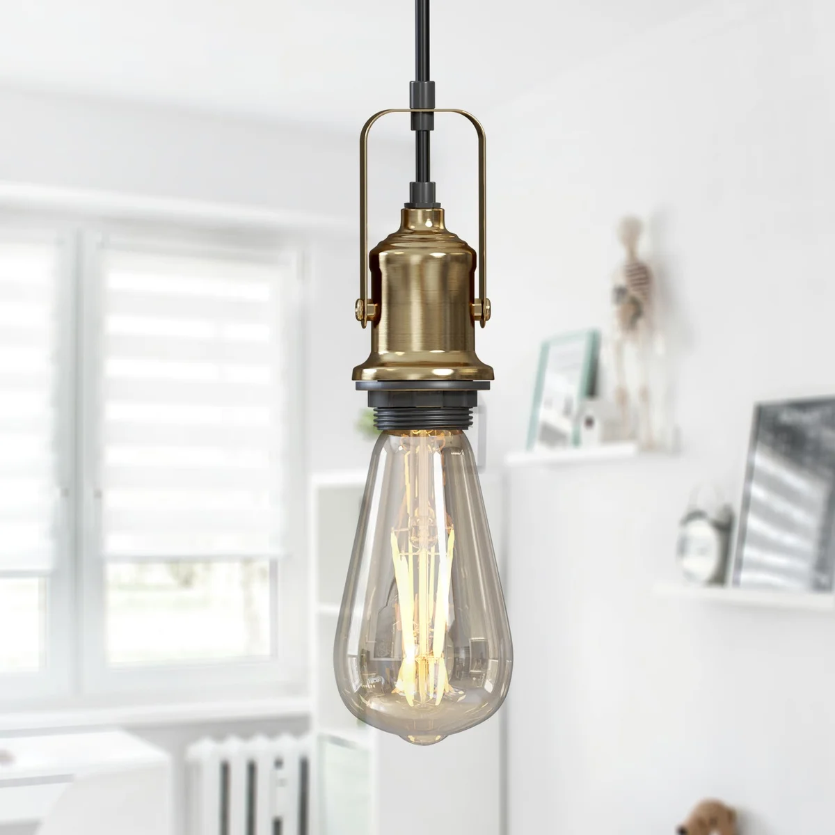Black E27 pendant indoor ceiling light fitting with adjustable round braided cable and metal holder, minimalist retro style