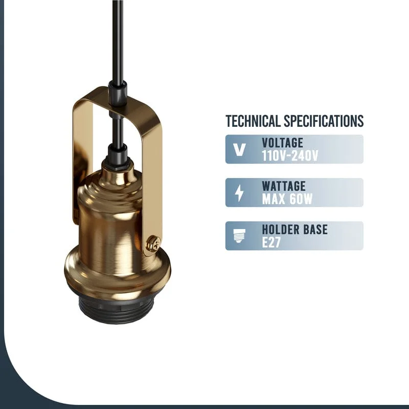 Black E27 pendant light holder with adjustable round braided cable and metal ceiling rose for ceiling mounting