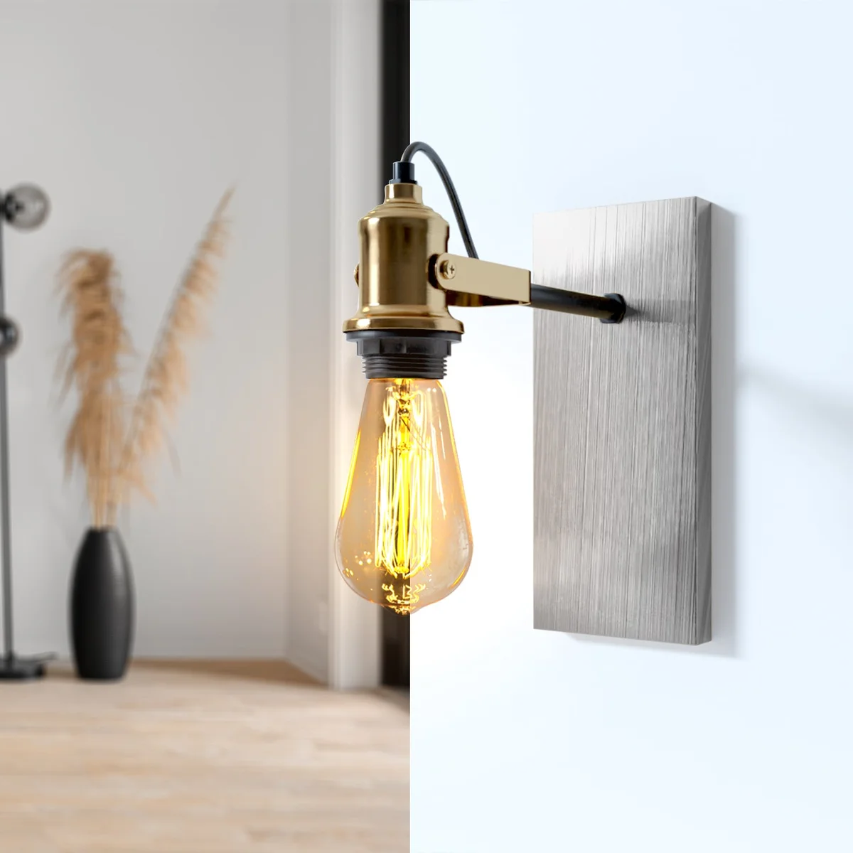 Rectangular metal ceiling rose wall mount plate in modern industrial style with mounting holes and metal backplane