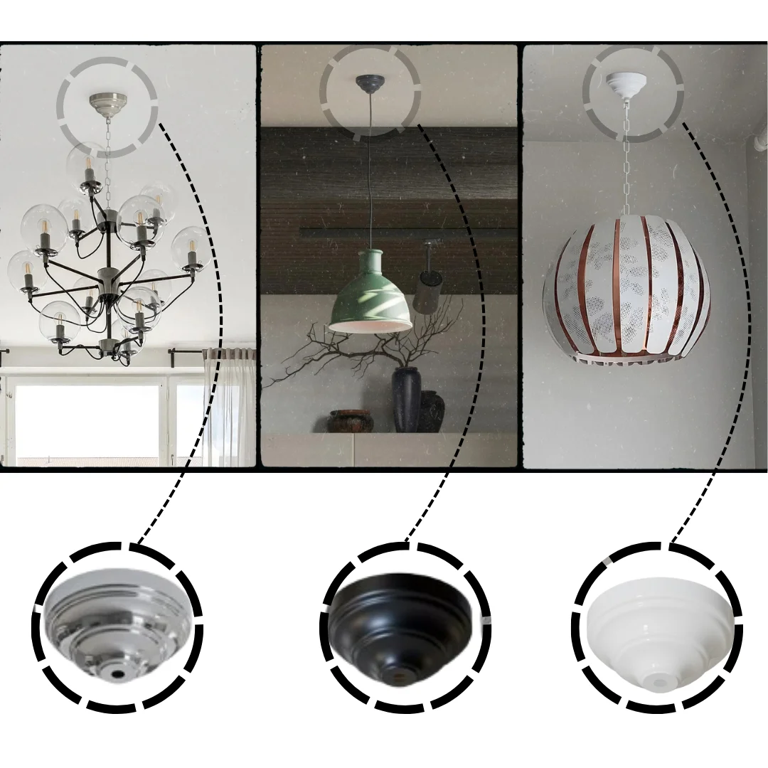 Round polished metal ceiling rose light fitting with tiered dome shape and central mounting hole, vintage style