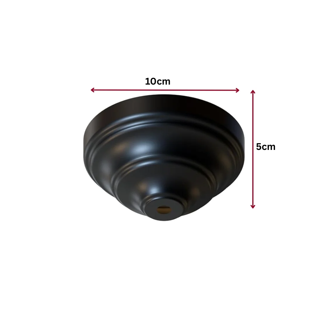 Round polished metal vintage ceiling fitting with tiered dome shape and central mounting hole on white background
