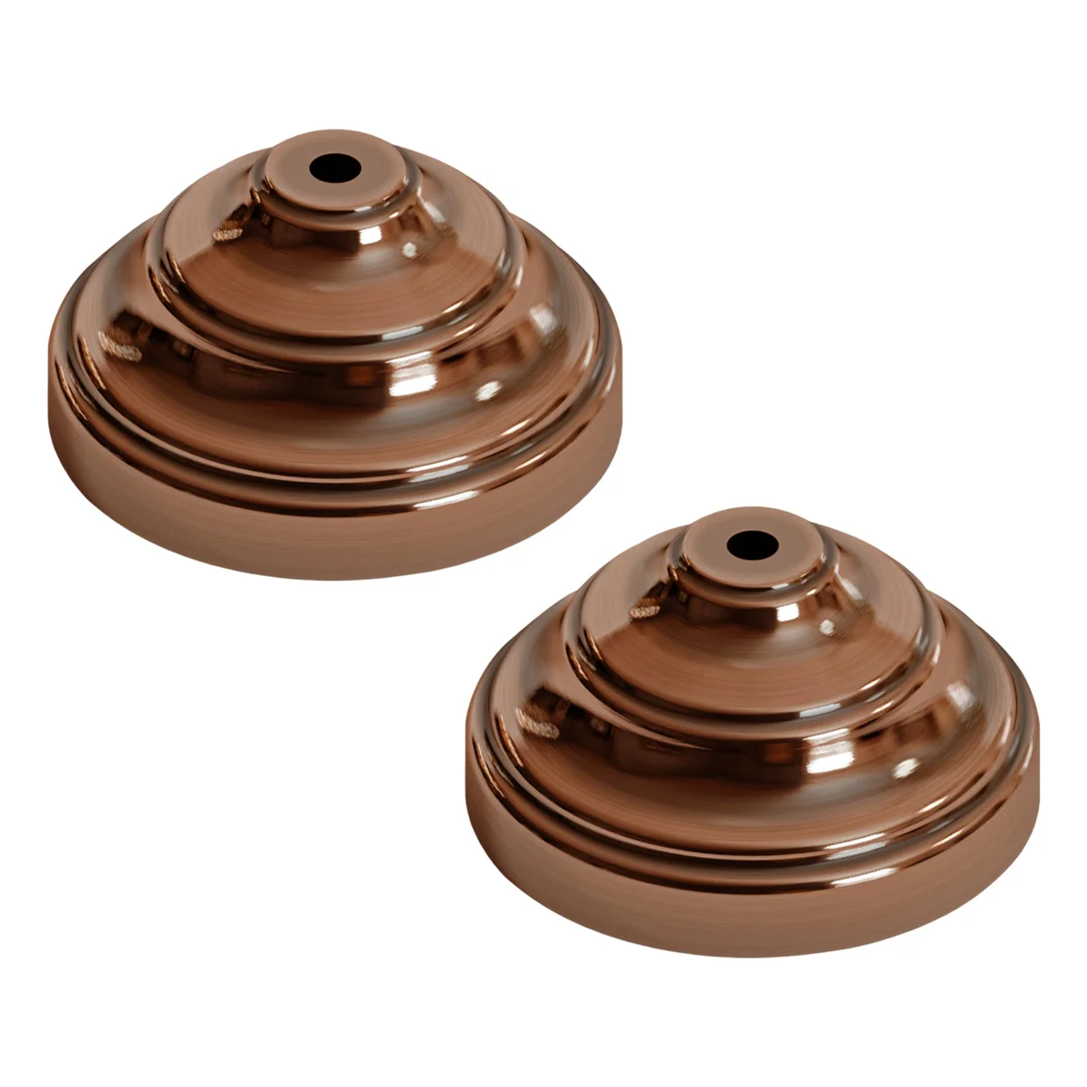 Polished metal corded electrical ceiling rose with tiered dome shape and central mounting hole for light fitting installation