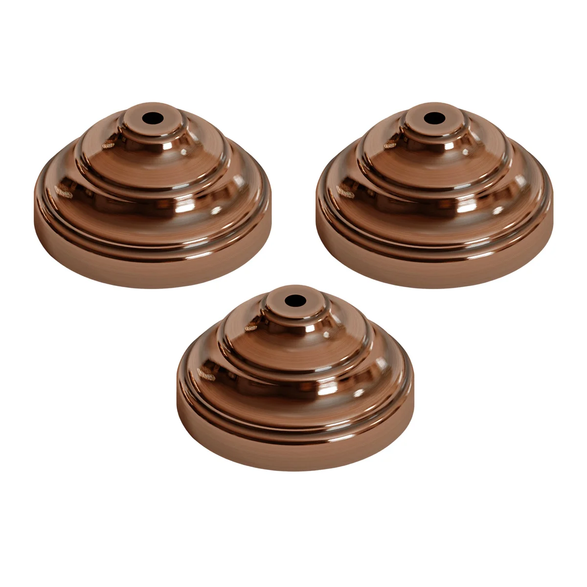 Round metal ceiling rose light fitting with polished tiered dome design, showing front mounting hole and fitting accessories