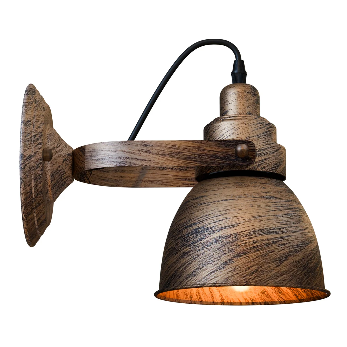 Industrial wall light with matt black bell shade and wood-effect finish, designed for focused downward lighting on a wall mount
