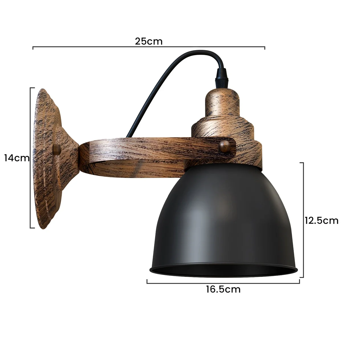 Industrial wood effect wall light with matt black bell-shaped metal shade and wood texture on wall mount
