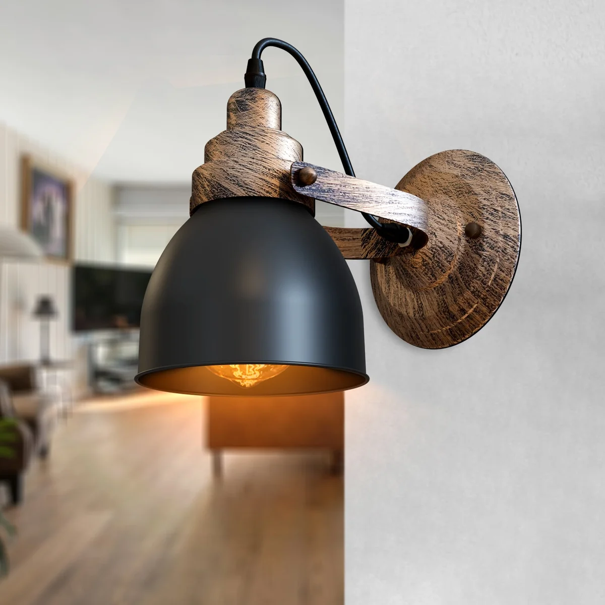 Matt black wall light with wood-effect bell shade mounted on a wall, showcasing industrial vintage design and focused light