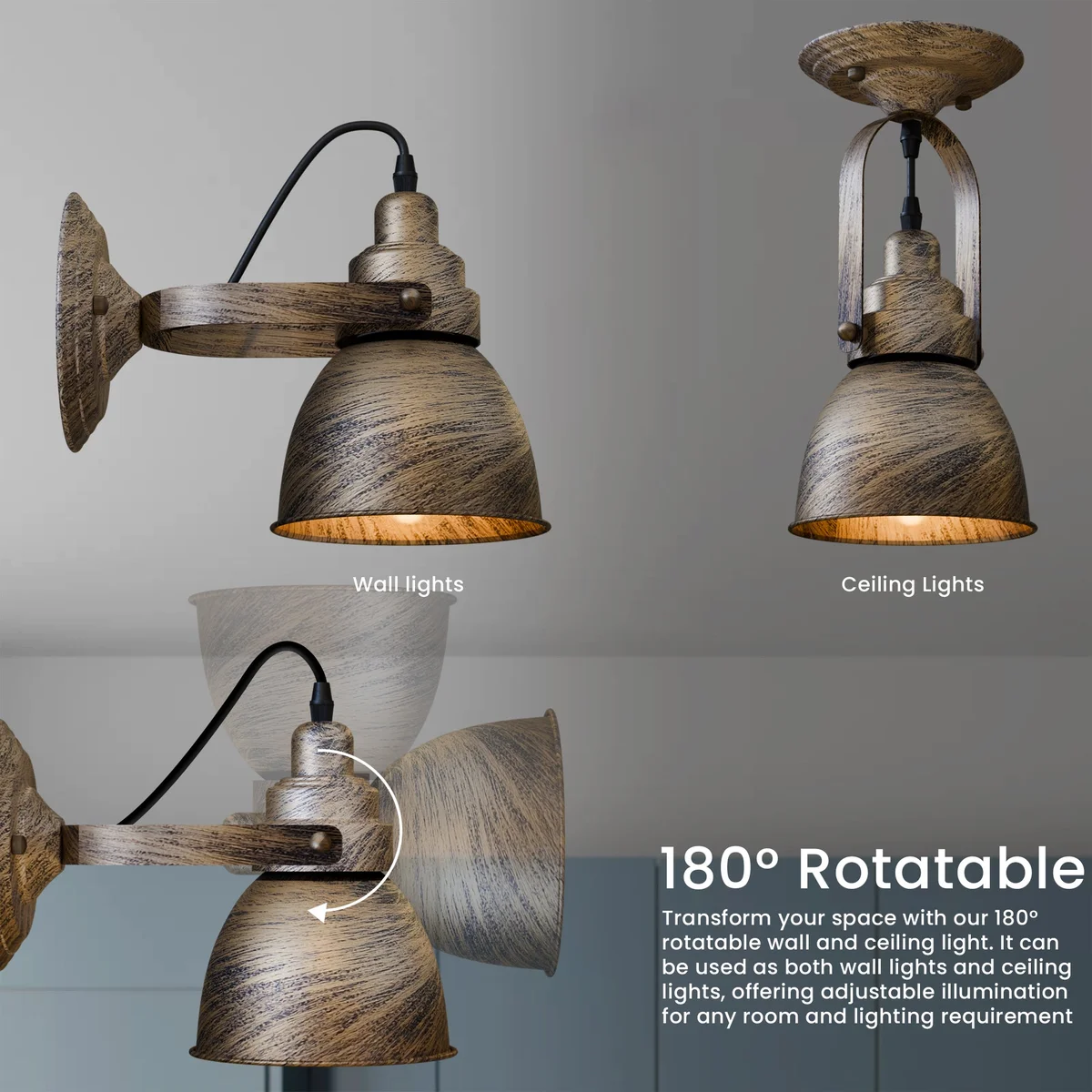Industrial wood-effect bell wall light with matt black metal shade and E27 wall light fitting on white background