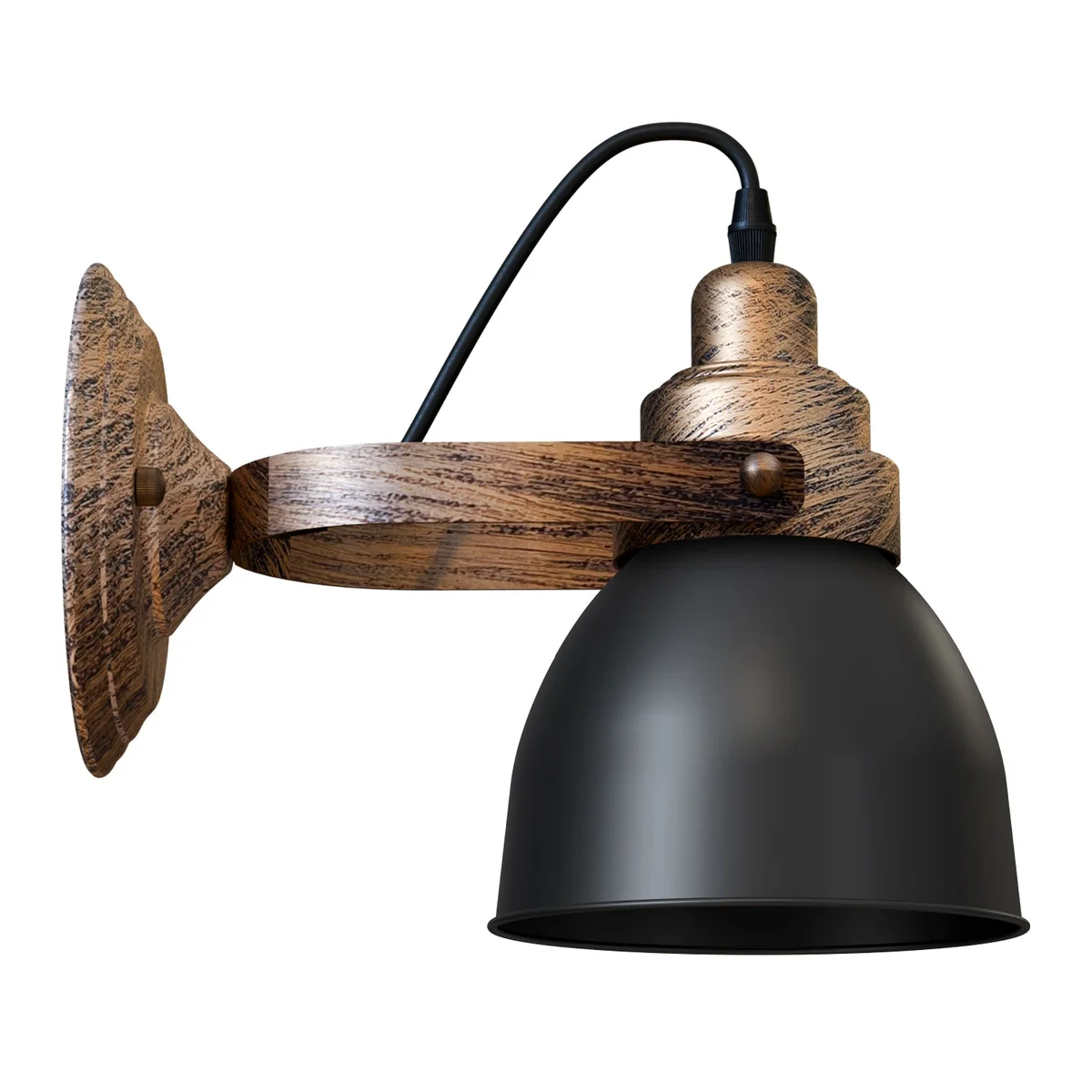Industrial wood-effect steel wall light with matt black bell shade mounted on a wall, showing detailed texture and finish