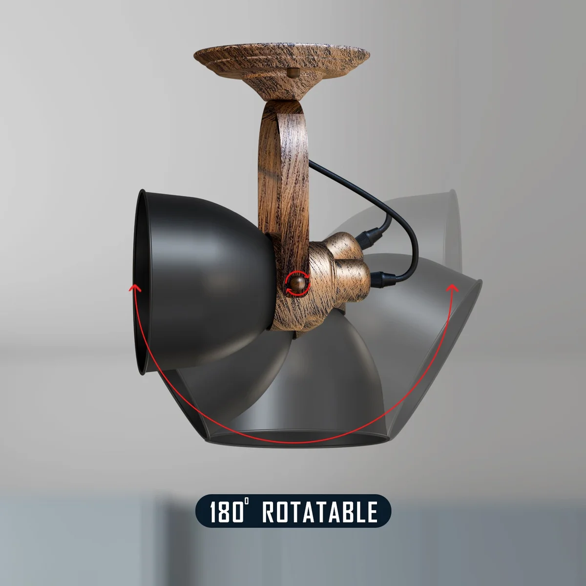 Industrial wall light with matt black bell shade and wood-effect finish mounted on a white wall with visible hardware kit