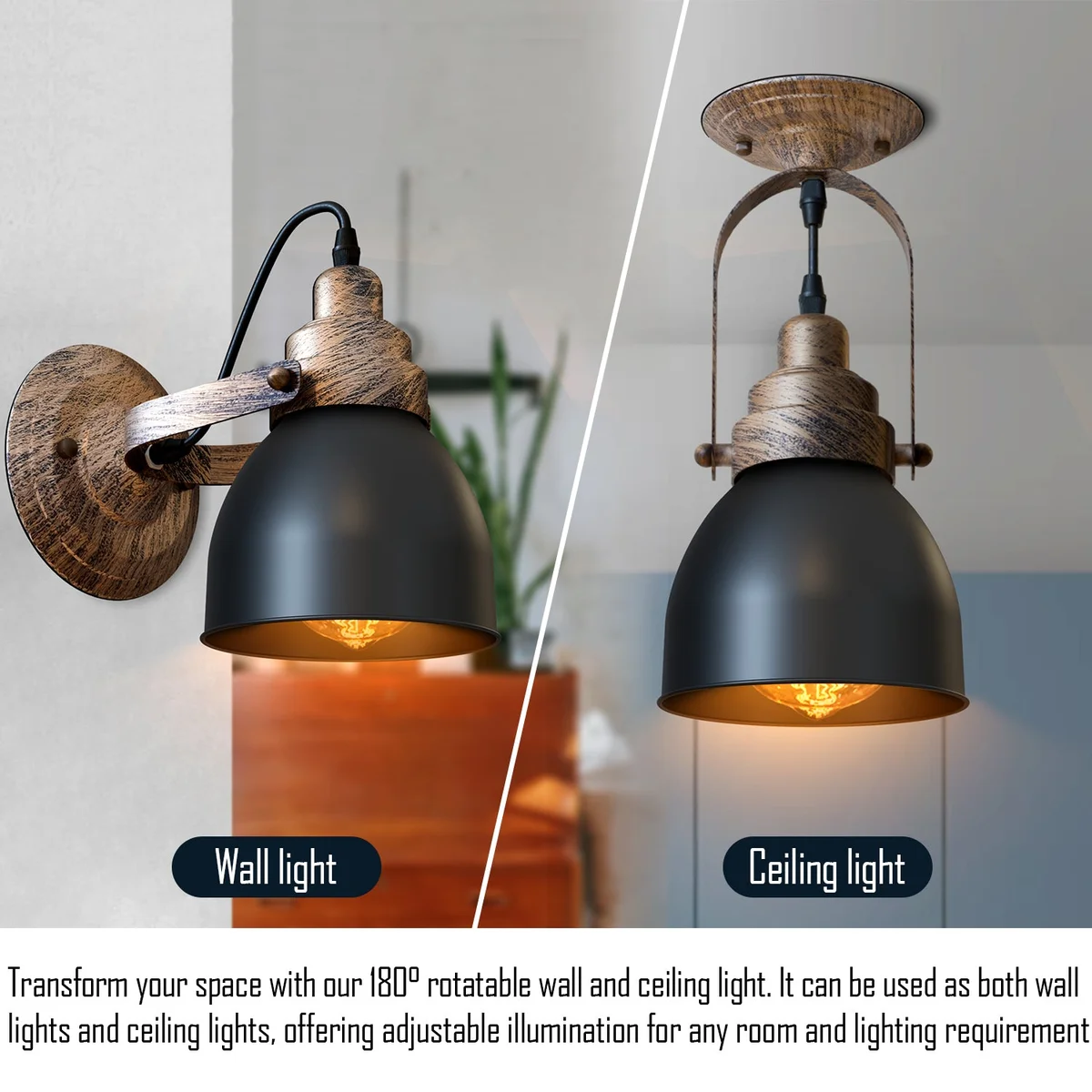 Industrial wall light with matt black bell shade and wood-effect finish mounted on a white wall, showing hardware kit components.