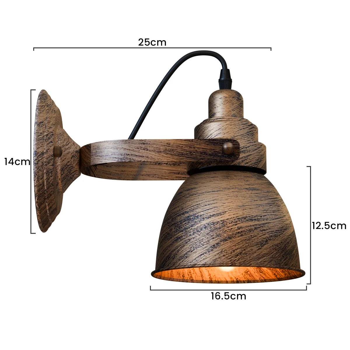 Matt black industrial wall light with wood-effect bell shade mounted on a white wall, showing detailed textures and hardware kit