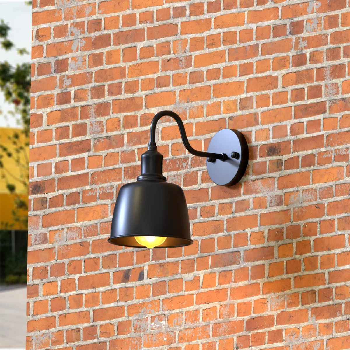 Industrial outdoor wall sconce with waterproof metal bell shade and curved arm, suitable for outdoor lighting and dimmable bulbs