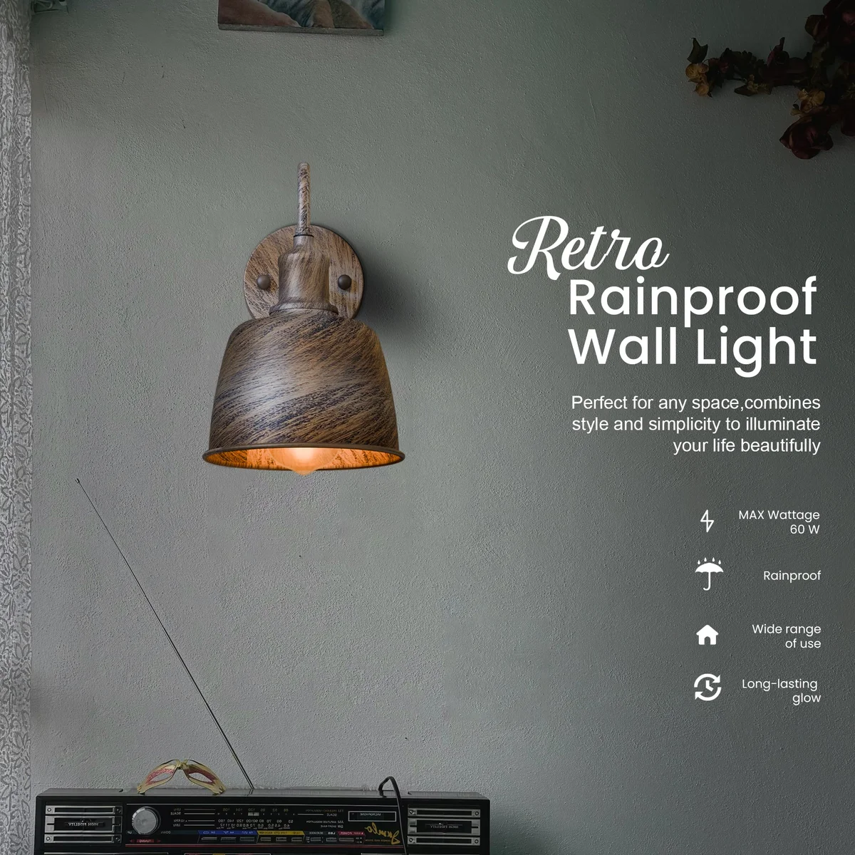 Industrial waterproof wall light with metal bell shade and curved arm, designed for outdoor use and dimmable E27 bulbs.