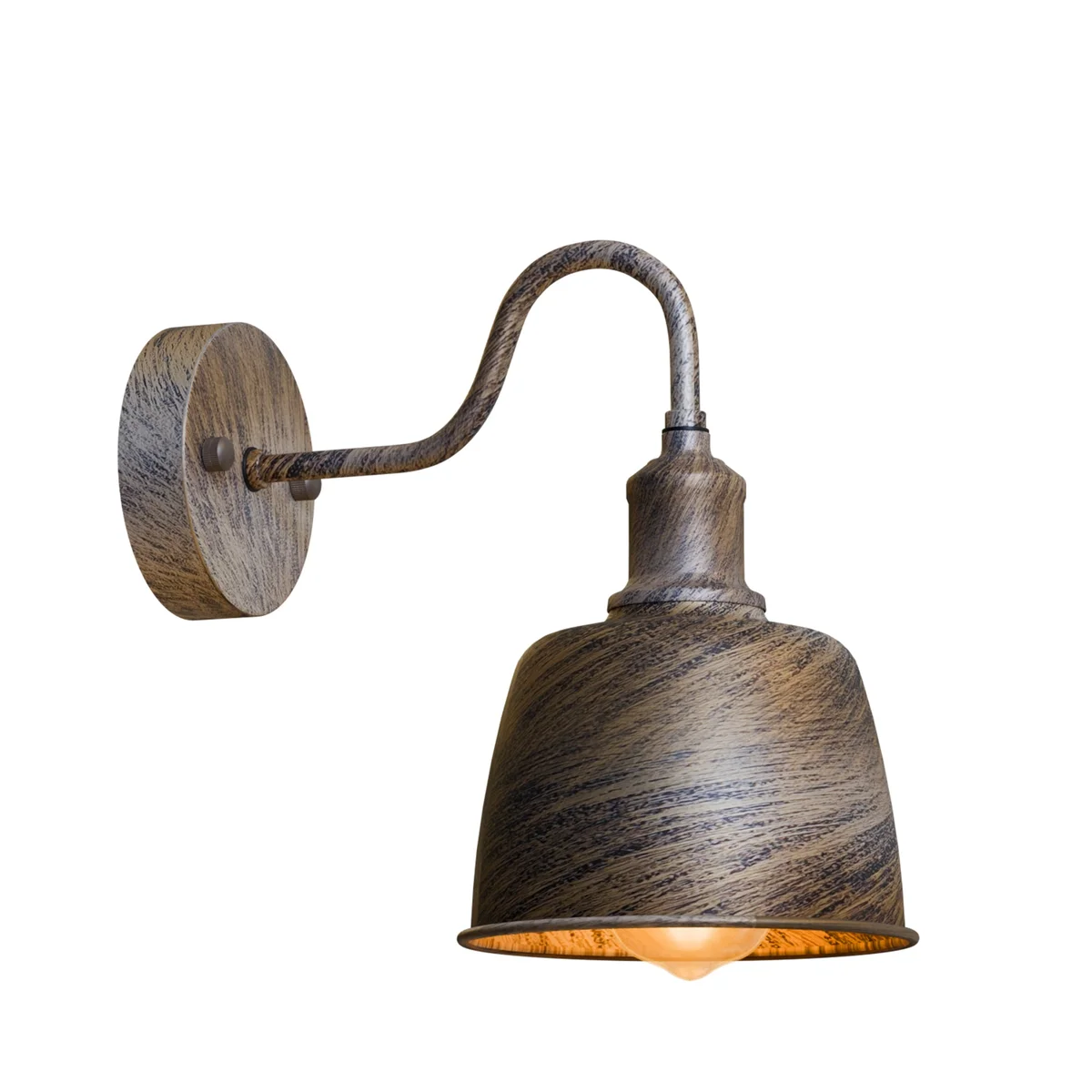 Outdoor industrial metal bell shade sconce with curved arm and waterproof finish mounted on a wall at dusk