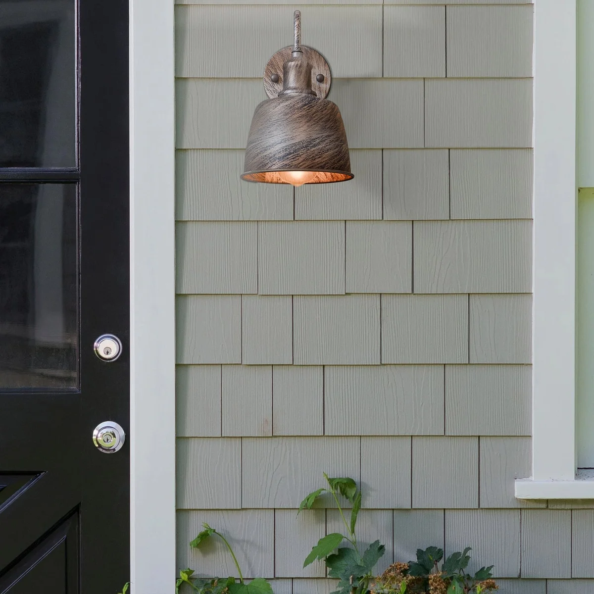Industrial garden wall light with waterproof bell-shaped metal shade and curved arm, suitable for outdoor use