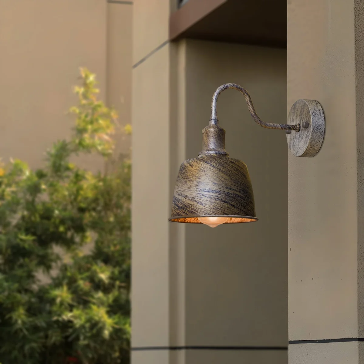 Industrial outdoor wall sconce with waterproof metal bell shade and curved arm mounted on exterior wall, dimmable E27 fitting