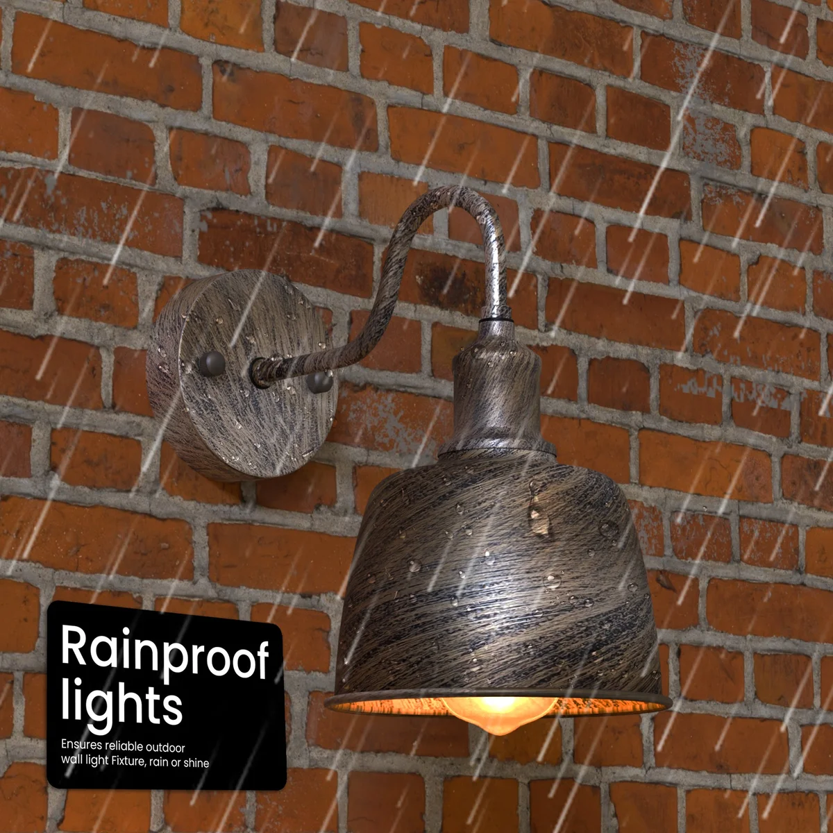 Industrial outdoor wall sconce with waterproof metal bell shade and curved arm mounted on exterior wall, vintage style