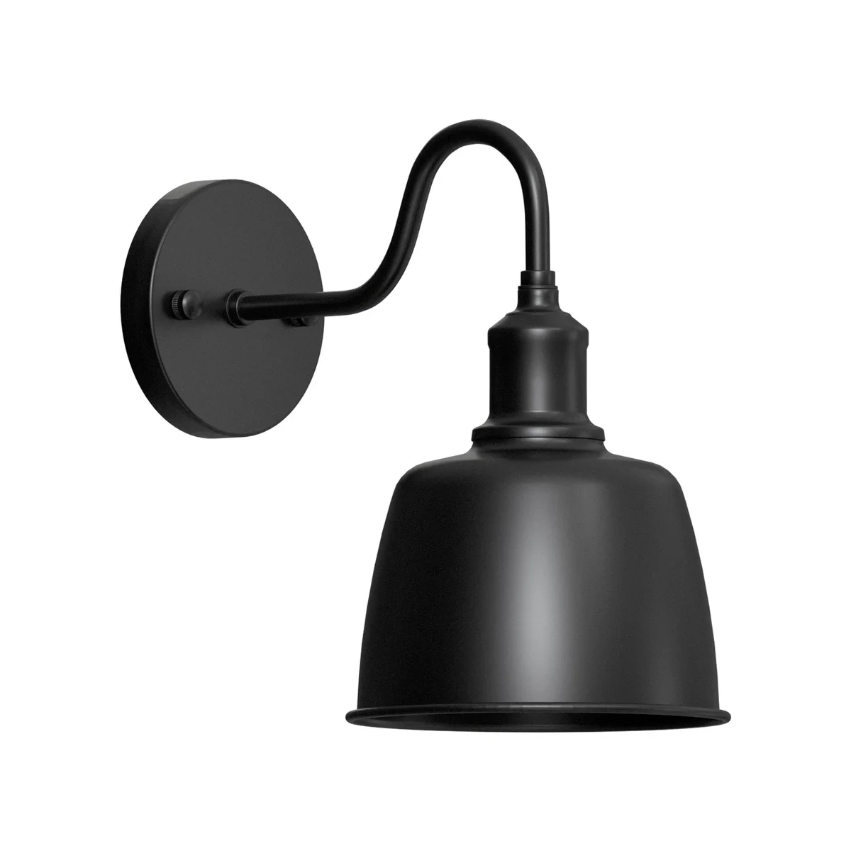 Industrial outdoor wall sconce with waterproof bell-shaped metal shade mounted on curved arm, suitable for outdoor use