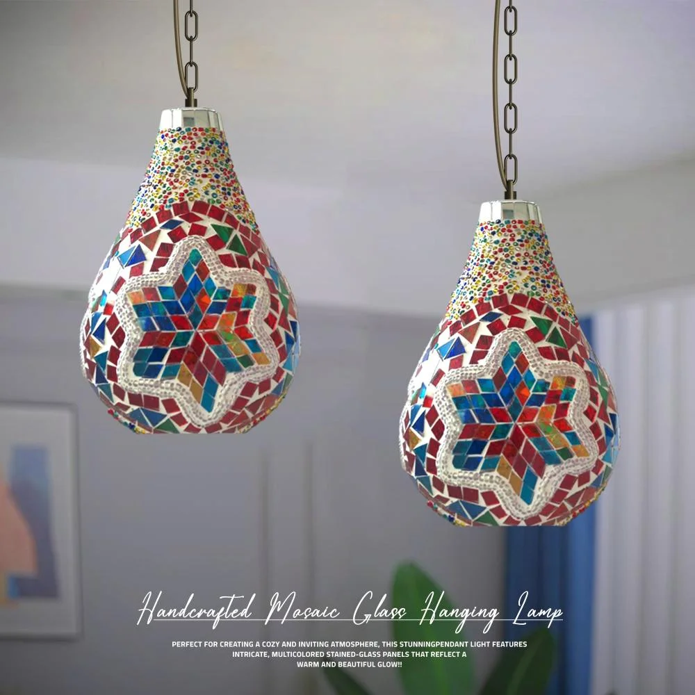 Handcrafted Turkish mosaic pendant light with vibrant star-patterned glass tiles hanging from an adjustable chain