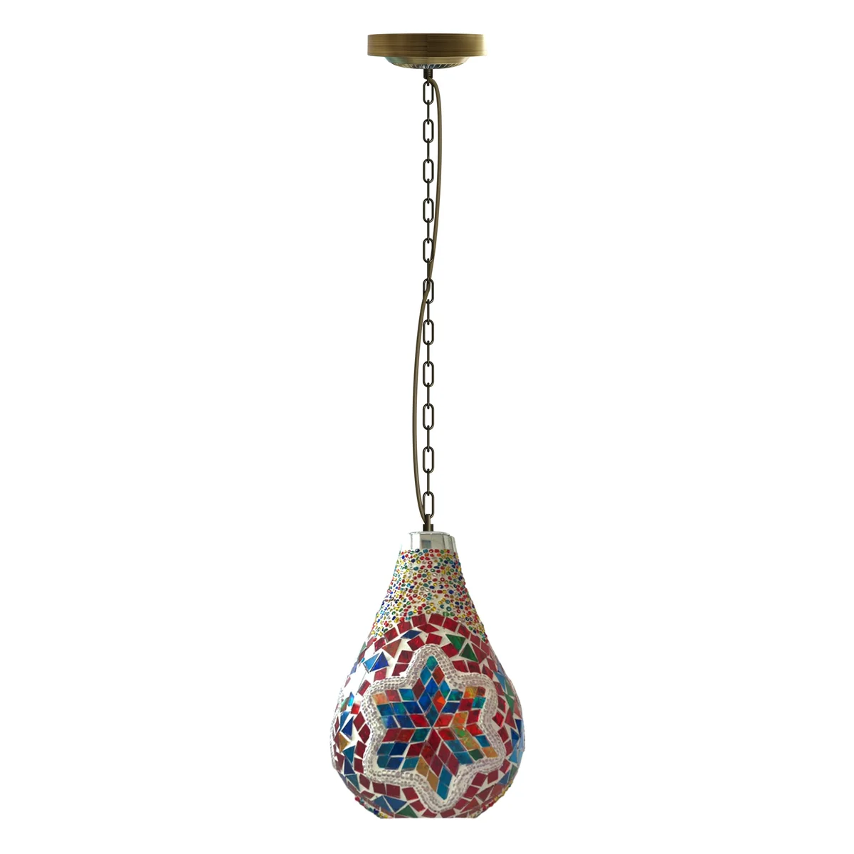Handcrafted Moroccan style pendant light with colorful Turkish mosaic glass tiles in star patterns, bulb shape, hanging chain