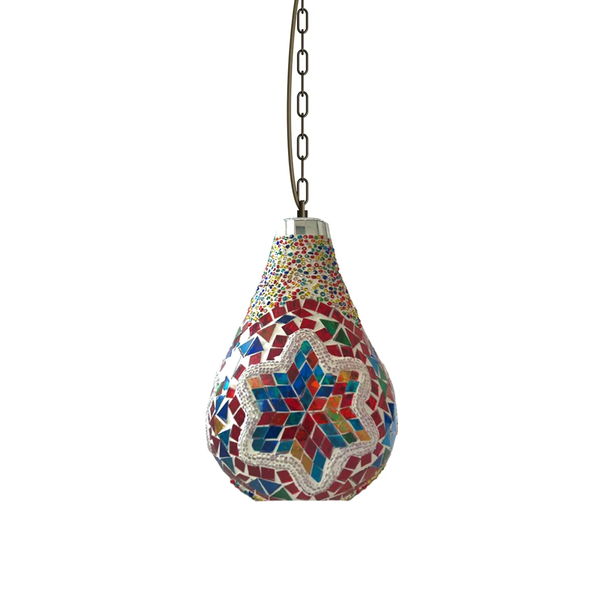 Handcrafted Turkish mosaic adjustable hanging pendant light with colorful star-patterned glass tiles and metal chain suspension