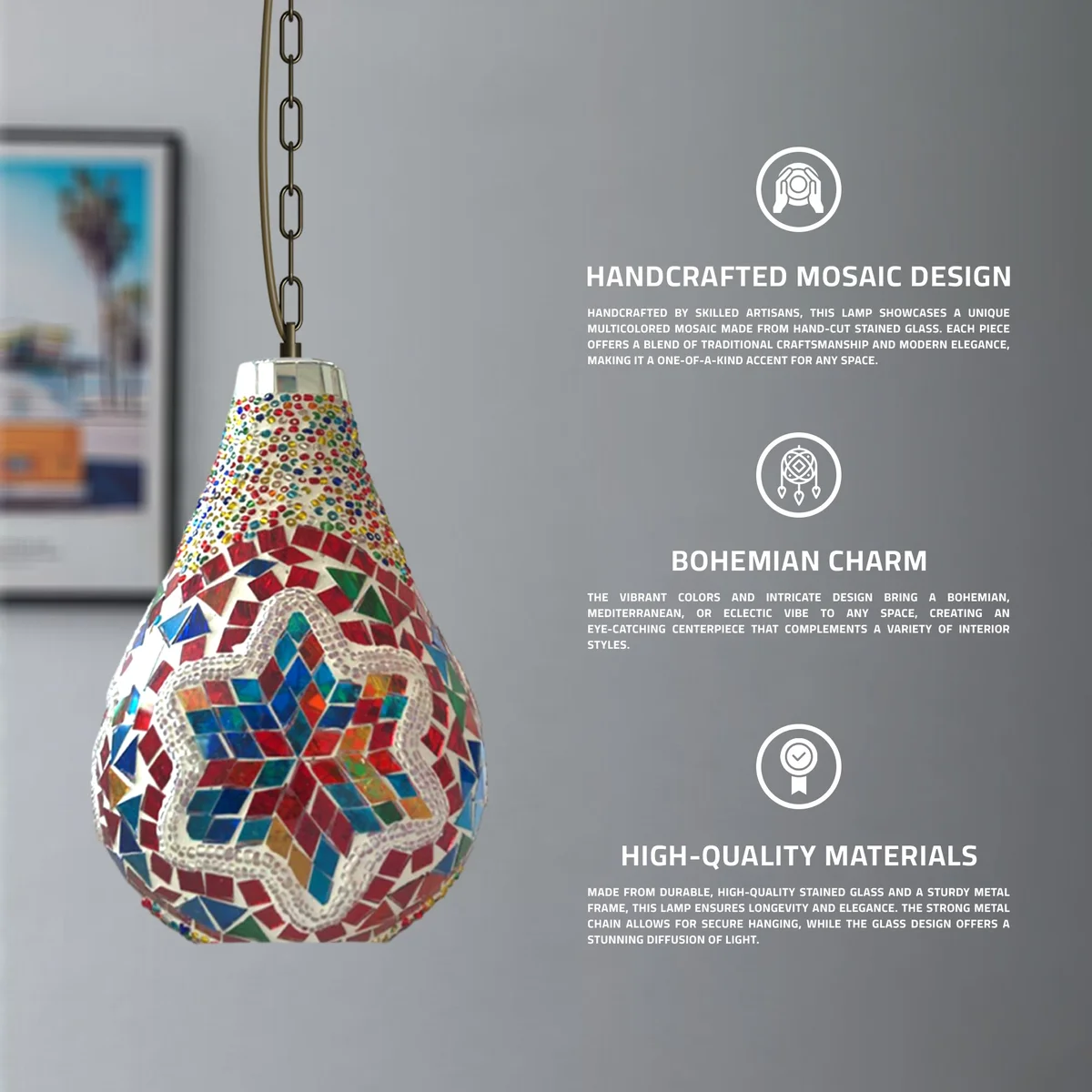Handcrafted multicolour glass pendant light with star-patterned mosaic tiles hanging by adjustable chain in bulb shape