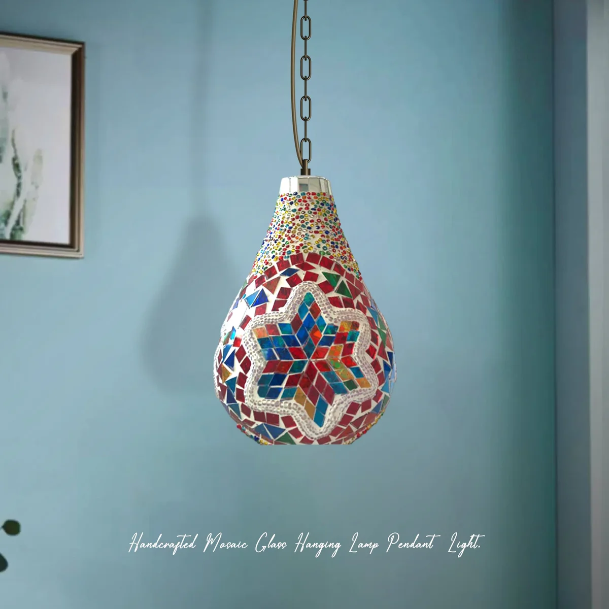 Handcrafted Turkish mosaic E27 bulb pendant lighting with multicolour glass tiles in star patterns, hanging by adjustable chain