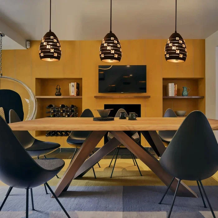 Modern crystal pendant light with black metal frame, clear crystals, and adjustable 95cm cable hanging from ceiling