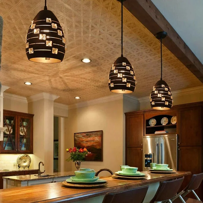 Modern black metal E27 pendant light fitting with crystal accents and adjustable 95cm cable hanging from ceiling plate