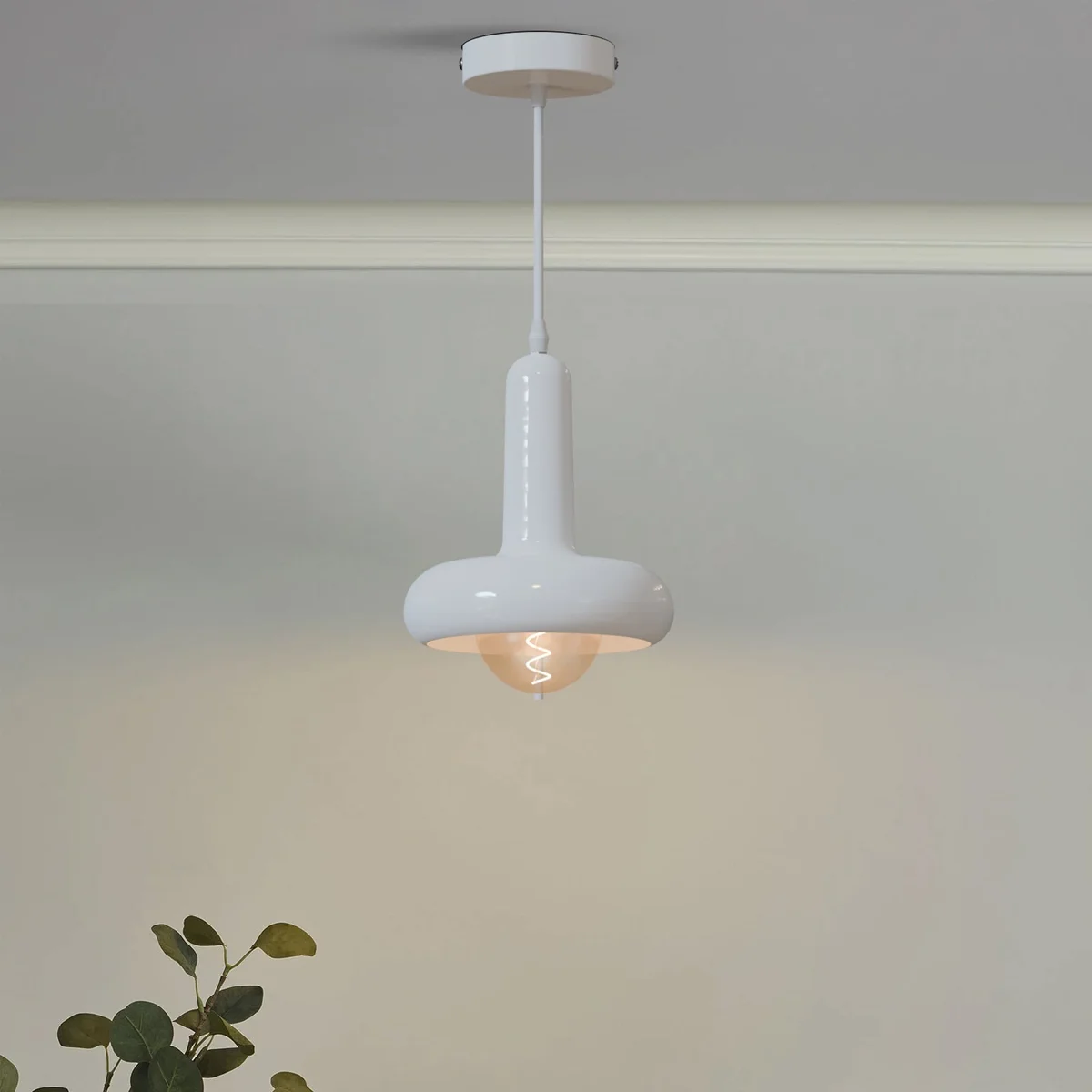 Modern black adjustable pendant light with rounded mushroom-shaped metal shade and 95cm flexible PVC cable hanging from ceiling