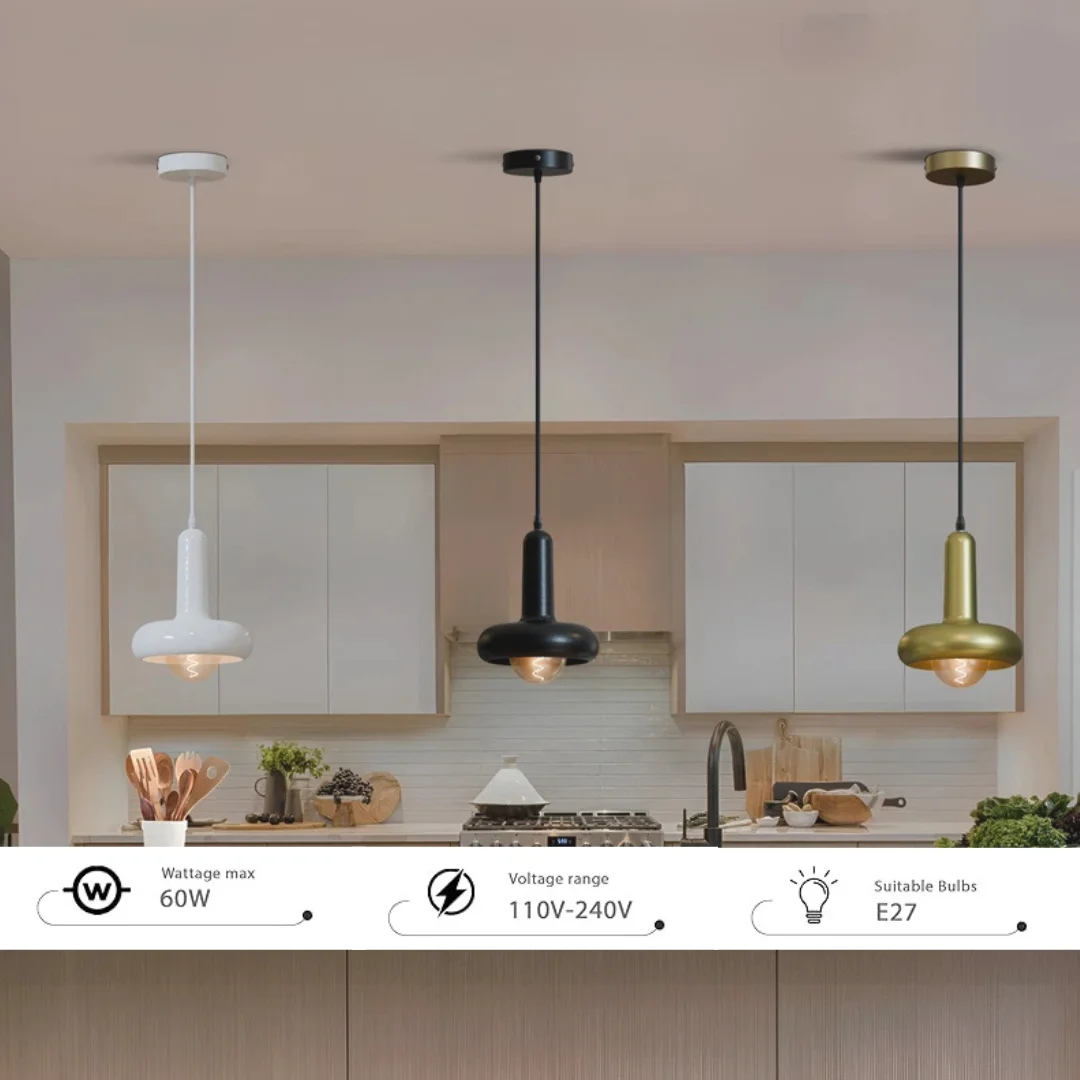 Black modern Morandi pendant light with rounded shade hanging above kitchen island lighting setup, adjustable cord visible