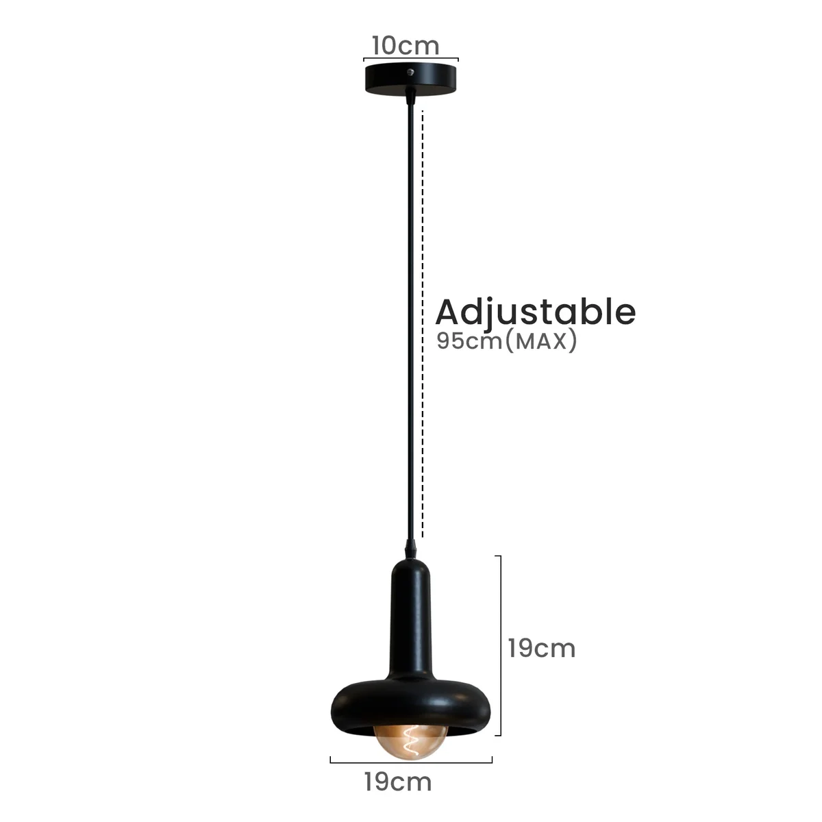 Modern black metal dimmable ceiling light with mushroom-shaped shade and adjustable 95cm PVC cable hanging in room