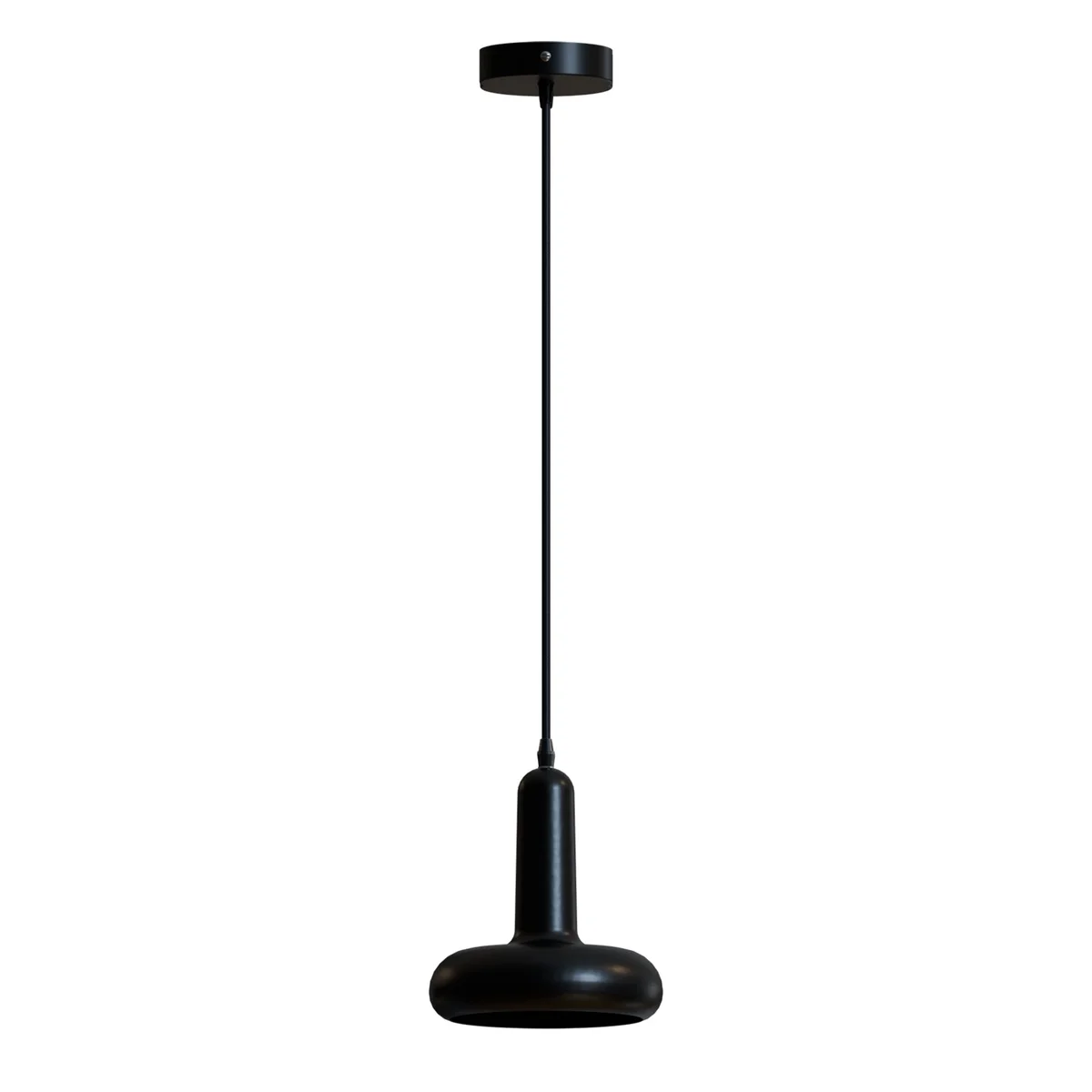 Black modern adjustable pendant light with rounded mushroom-shaped metal shade and flexible PVC cable hanging over kitchen island